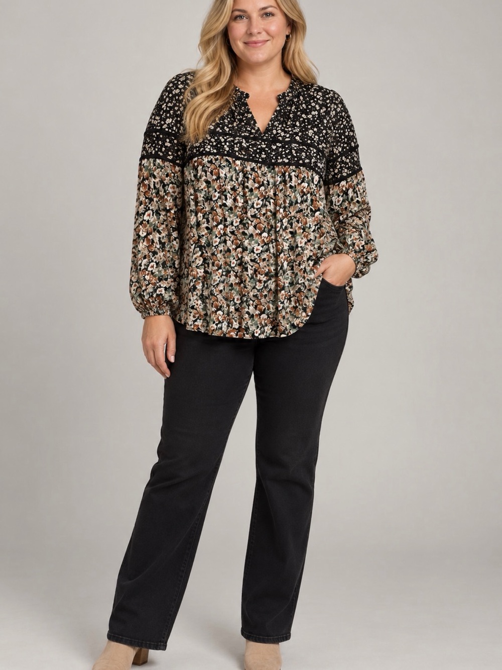 Mixed Floral V-Neck Long-Sleeve Blouse - Black and Brown Floral